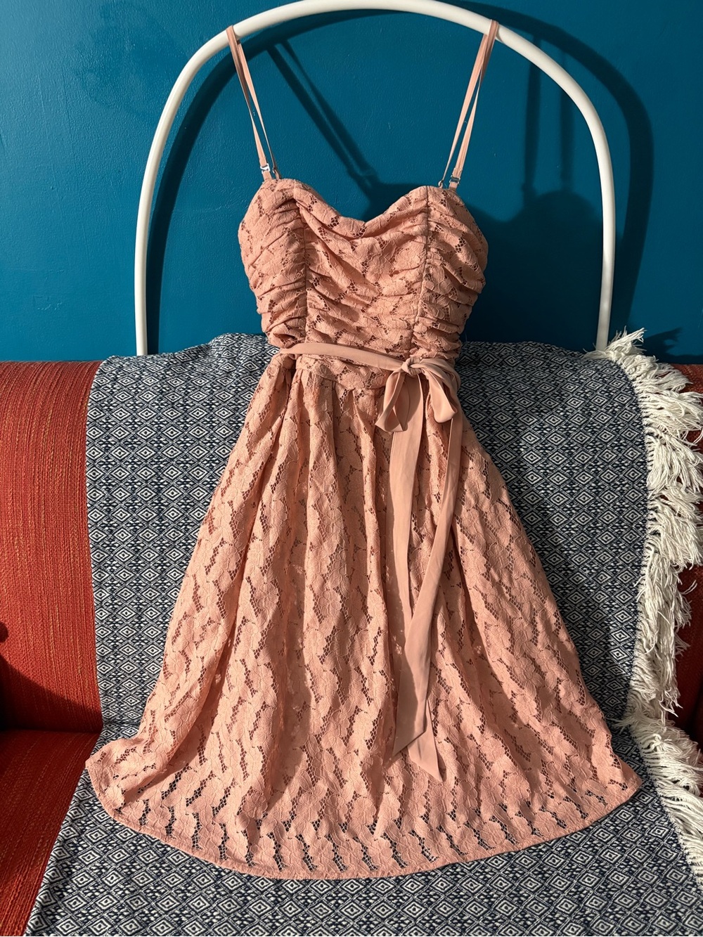 Modcloth Dusty Pink Lace Midi Dress with Waist Tie